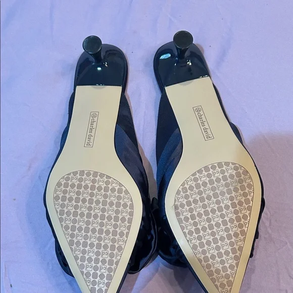 Charles David Navy Satin Pointed-Toe Bow Mules - Picture 4 of 4
